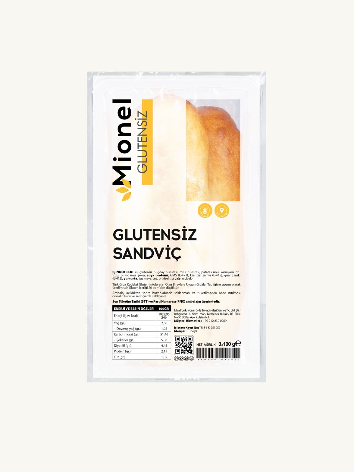 Mionel Glutensiz Sandviç Ekmek 3*100gr