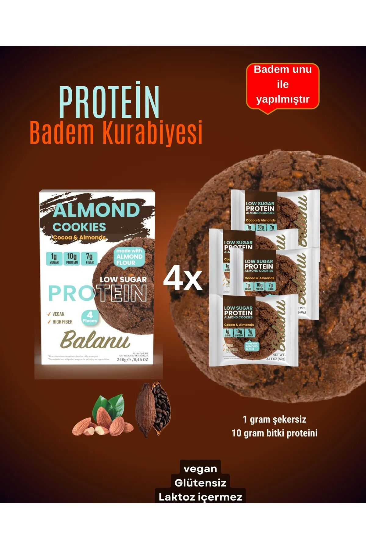 Balanu Kakaolu Proteinli Düşük Şekerli Badem Unu Kurabiyesi 240 gr