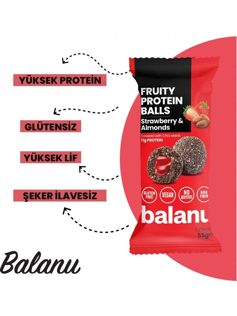 Balanu Fruity Meyveli Protein Topları Çilek Dolgulu ve Bademli Atıştırmalık 55 gr