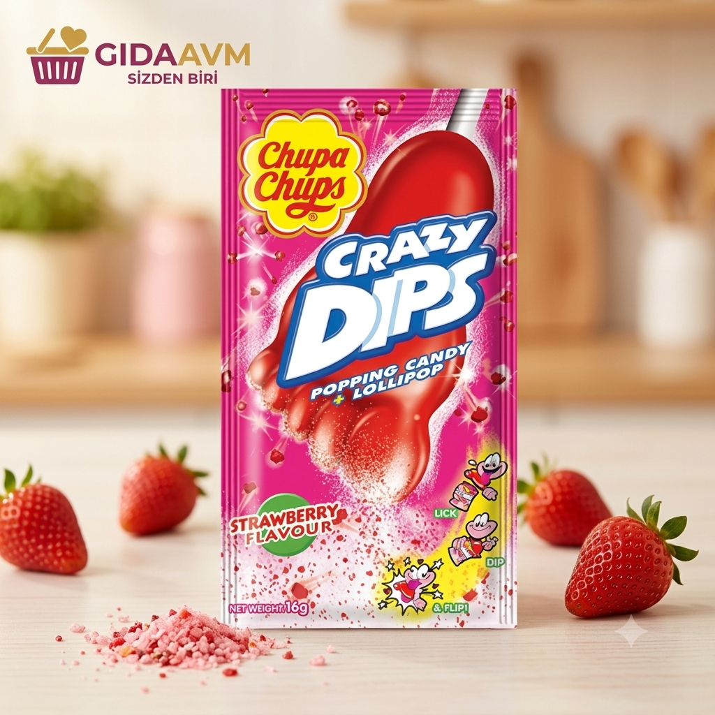 Chupa Chups Crazy Dips Patlayan Şeker + Lolipop Çilek