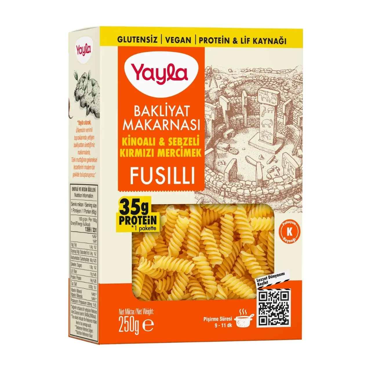 Yayla Glutensiz Kinoalı ve Sebzeli Kırmızı Mercimek Fusilli Bakliyat Makarnası 250 g