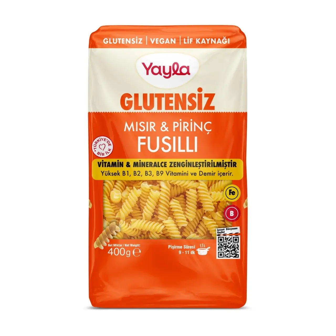 Yayla Glutensiz Vitamin & Mineralce Zenginleştirilmiş Mısır ve Pirinç Fusilli Makarna 400 gr
