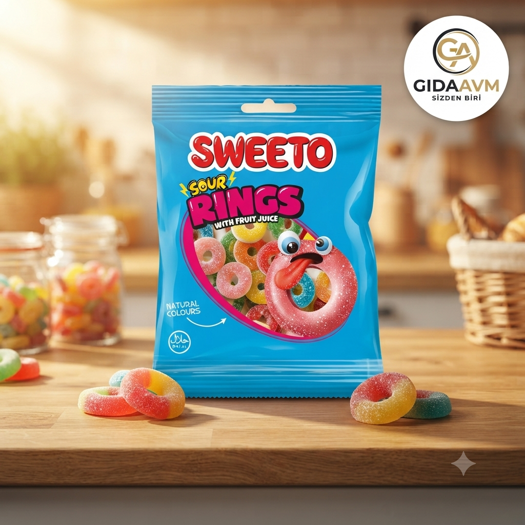 Sweeto Gummy Glutensiz Sour Rings Glutensiz Jelibon 22g