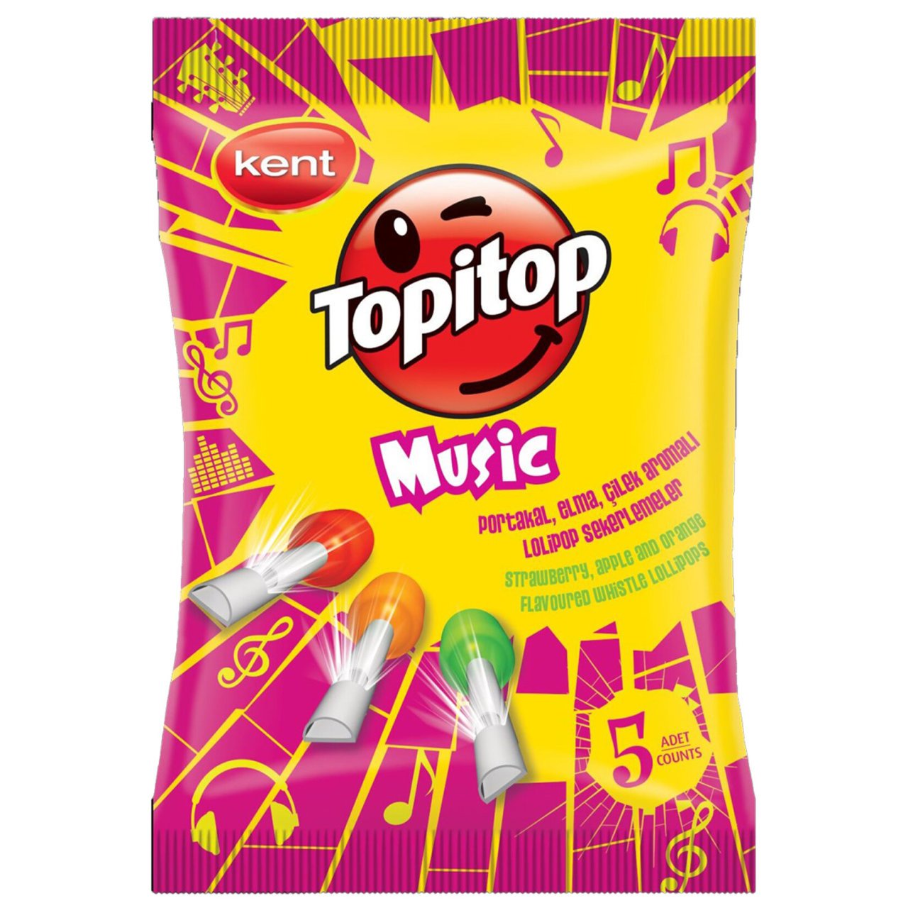 Kent 5'Li Topitop Müzik Lolipop Şekerleme Poşet 65G