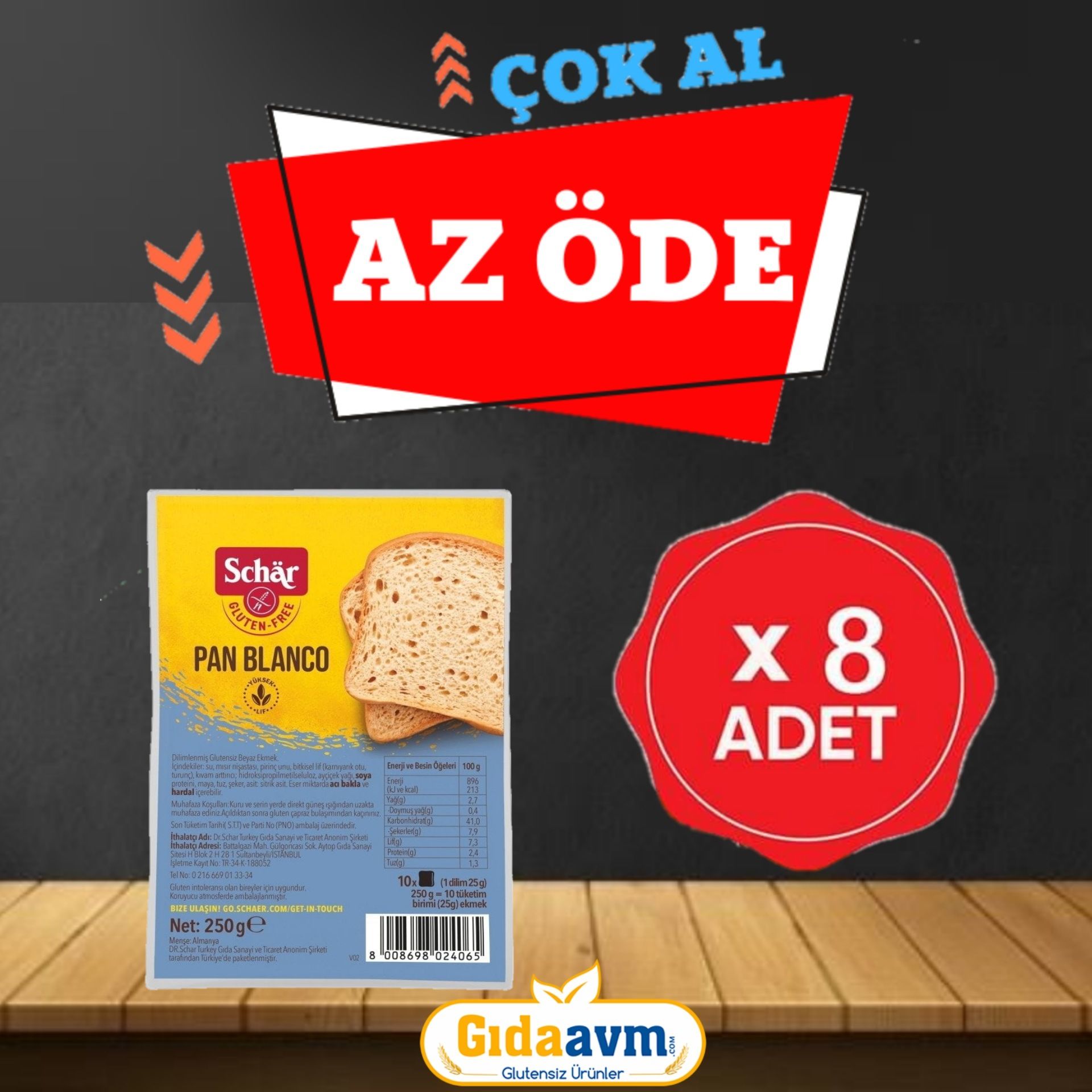 Schar Pan Blanco 250g Glutensiz Dilimli Ekmek* 8 Adet (SKT 24/10/25)